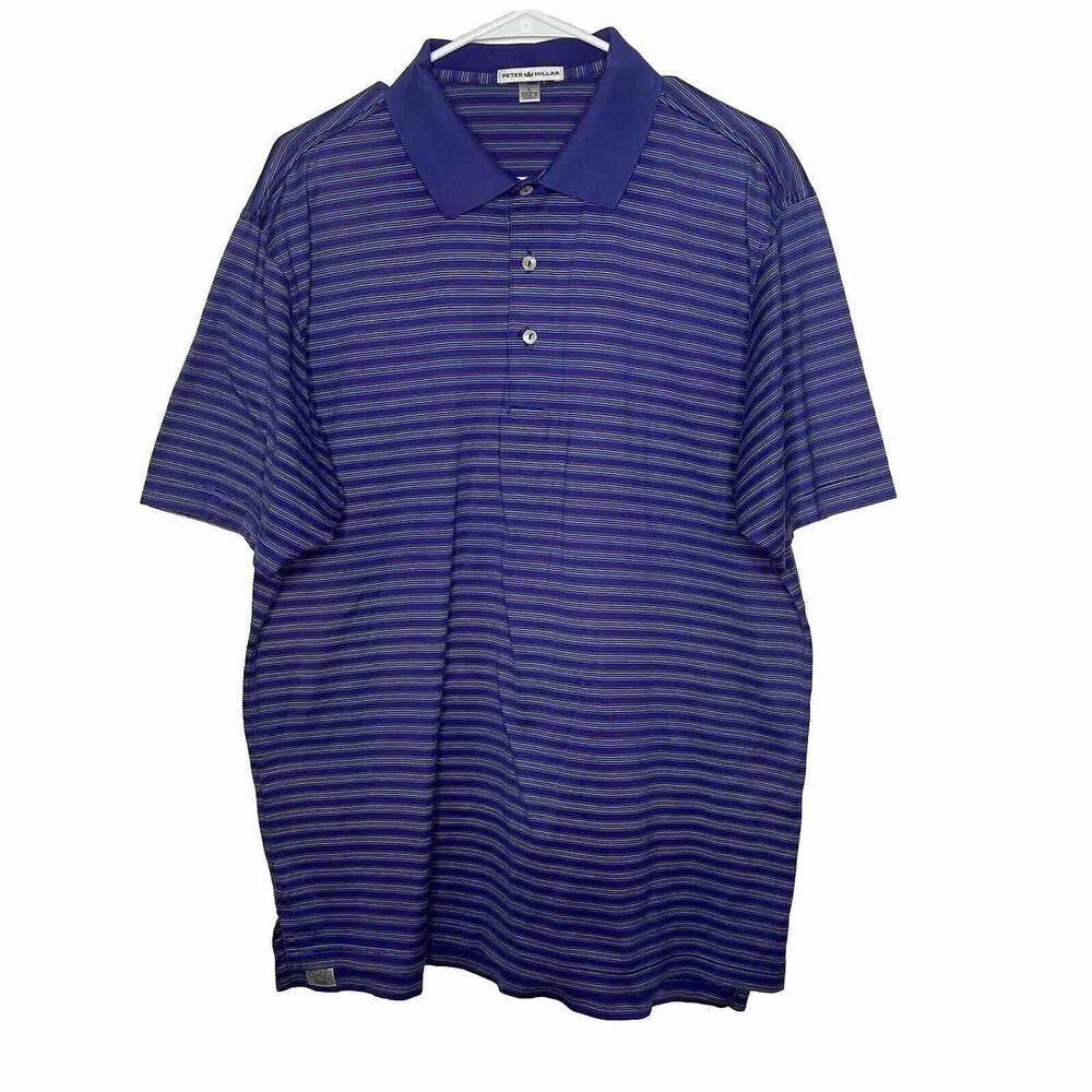 Peter Millar Mens Large Purple Striped Polo Golf Shirt Short Sleeve Cotton L24